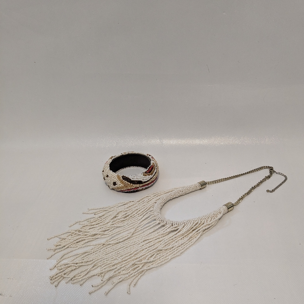 Beaded Fringe Necklace and Beaded Bangle - Ivory with Multicolor Accent